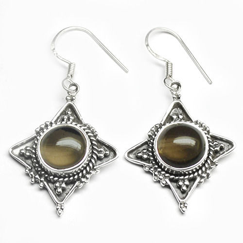 Oval Smoky Quartz Gemstone Silver Earring