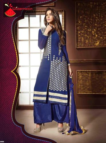 Navy Watermelon Straight Embroidered Suit - Georgette Fabric, Navy Blue, Semi-Stitched, Chiffon Lace Dupatta, Silver Embroidery | Elegant Design, Comfortable Fit, Party Wear