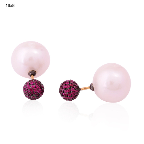 Ruby & Pearl Beaded Ball Earrings