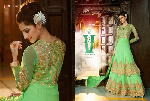 Leo Afreen, Georgette Designer Suit - Green, Gold Embroidery | Elegant Anarkali, 9 Pieces, Multiple Sizes