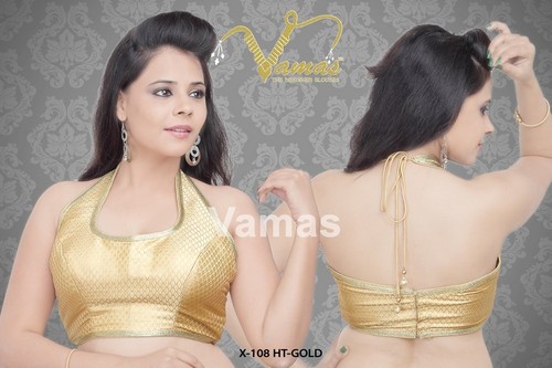 Brocade Back Open Halter Blouse