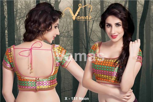 Neon Multi Brocade Back Open Blouse