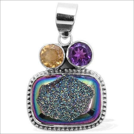 Square Druzy & Multi Gemstone Silver Pendant