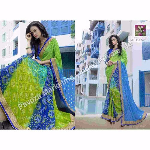 SENTORINI Georgette Printed Sarees - Blue Green Bandhani Print Blouse Included | Stylish Design Full Sets Wholesale