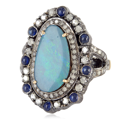 Diamond Pave Gemstone Cocktail Ring - 18k Yellow Gold & .925 Silver, Diamond Opal Sapphire, Pave & Prong Setting, Elegant Design