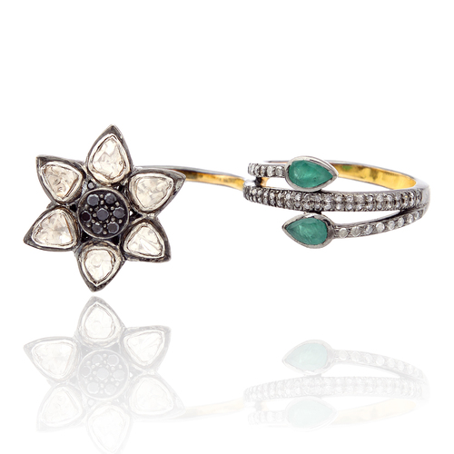 Rose Cut Diamond Emerald Two Finger Ring