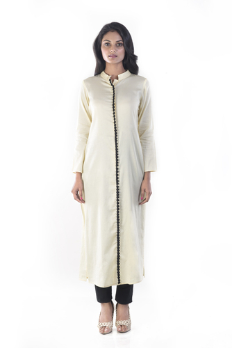 Buttoned Long Kurti - 100% Butter Cotton, Cream, Full Sleeves, Mandarin Collar, Elegant Style