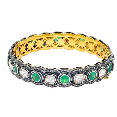 Rose Cut Diamond Emerald Bangle 
