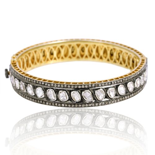 14k Gold & .925 Sterling Silver Rose Cut Diamond Bangle - Pave Setting, Elegant Design