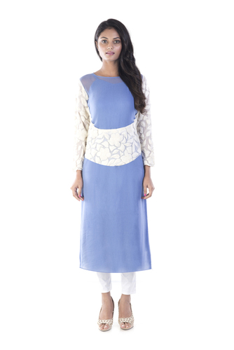 Illusion Back Long Kurti - Viscose Rayon, French Blue, White Floral Embroidery, Full Sleeves, Round Neckline