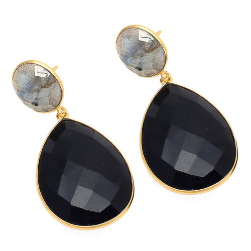 Black Onyx & Labradorite Drop & Dangle Earring - 925 Sterling Silver Vermeil Gold, Faceted Pear & Oval Shape, AAA Quality, Elegant Black Stone
