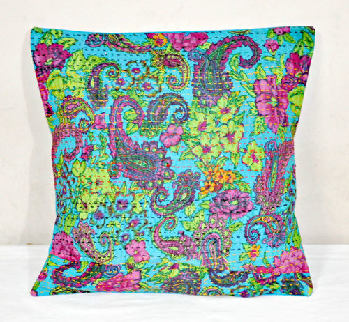 Multicolor Indian Sari Cotton Kantha Pillow