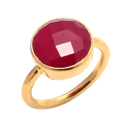 Fuchsia Chalcedony Ring - 925 Sterling Silver and 2 Micron Vermeil Gold | AAA Quality, Round Faceted Design, Lightweight 17-20 Grams