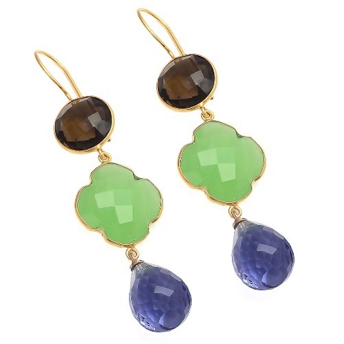 Round Water Sapphire , Sea Green Chalcedony & Smoky Topaz Gemstone Earring