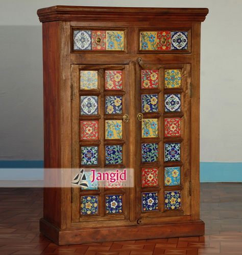 Indian Wooden Ceramic Tile Bedroom Almirah - Artwork: Handmade