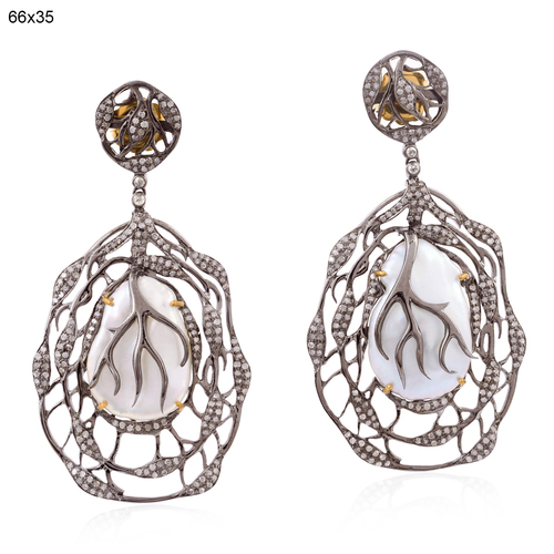 18k Gold & .925 Silver Diamond Pearl Dangle Earrings - Pave & Prong Setting, Elegant Design