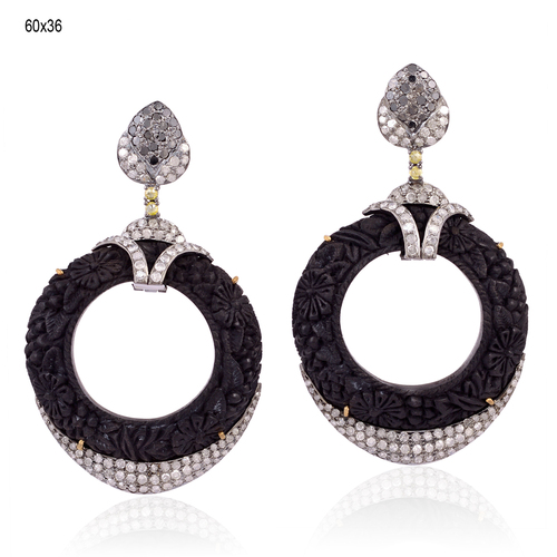 Diamond Pave Wood Carved Dangle Earrings