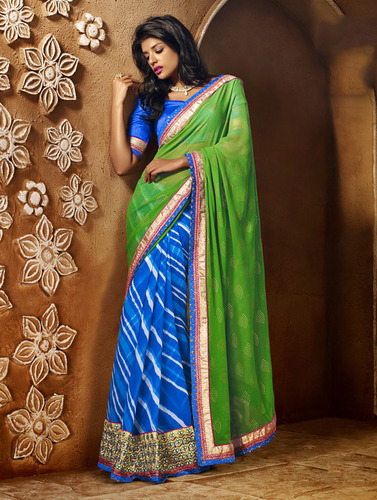 GREEN AND BLUE SHADED HEAVY BORDER DESIGNER SAREE