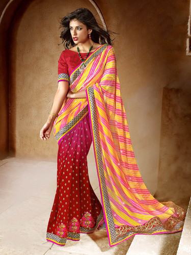 RED AND PINK BANDHANI SAREE