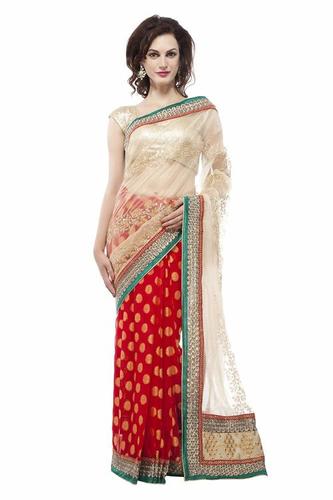 Beige Nylon Printed Embroidery Saree