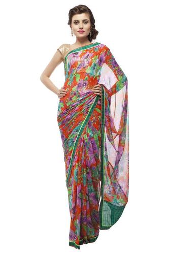 Flame Orange Art Georgette Printed Saree