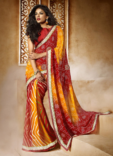 YELLOW AND RED SHADED HEAVY BORDER DESIGNER SAREE