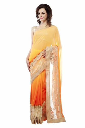 Flame Orange Art Georgette Embroidery Saree