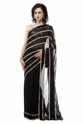 Black Art Georgette Embroidery Saree - Georgette, 5.5 Meters, Black | Golden Thread Embroidery, Sequin Threadwork Blouse