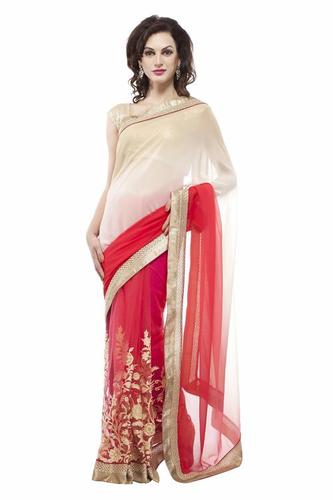 Raspberry Pink Art Chiffon Embroidery Saree
