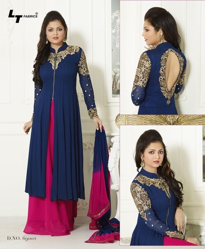 Designer Blue Anarkali Suit - Georgette Fabric, 4 Pieces, Multiple Sizes | Elegant Embroidered Design, Stylish Look, Comfortable Fit, Pouch Packaging