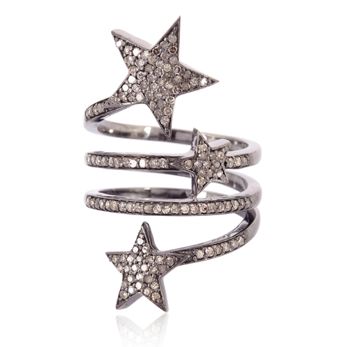 Diamond Star Wrap Ring Jewelry - 925 Sterling Silver, Pave Diamond, Handmade Wrap Design