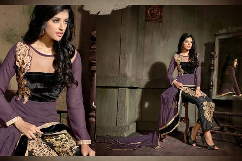 Partywear Anarkali Suit - Georgette Purple, 14 Pieces | Elegant Design, Ready to Ship, Bag Packaging