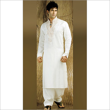 Off White- Linen Kurta Pajama with Nice Embroidery
