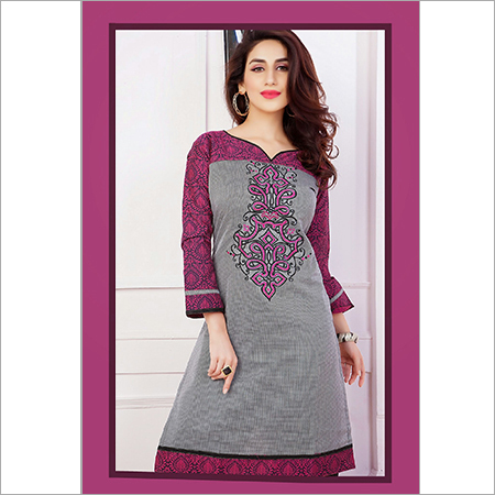 Big Black and Pink Cotton Jacquard Kurti with Kasab Work
