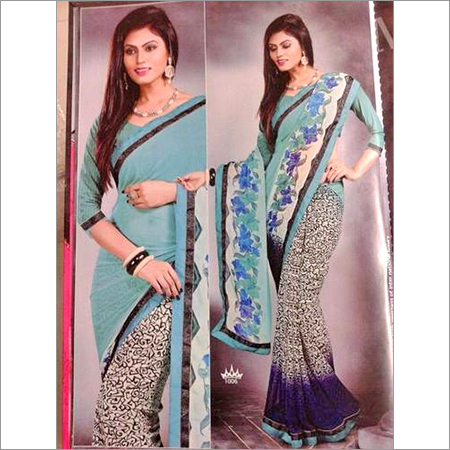 blueish green printed saree