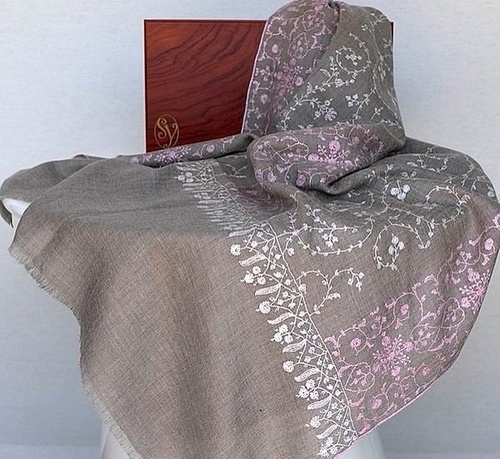 Embroidered Shawl - Pure Pashmina, Grey Color, Plain Pattern for Daily Use, Women's Fashion Accessory