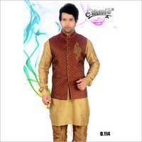 Mens Pathani Kurta - Silk Fabric, Medium Size, Burgundy Color | Full Sleeves, Mandarin Collar, Ideal For Festive Occasions