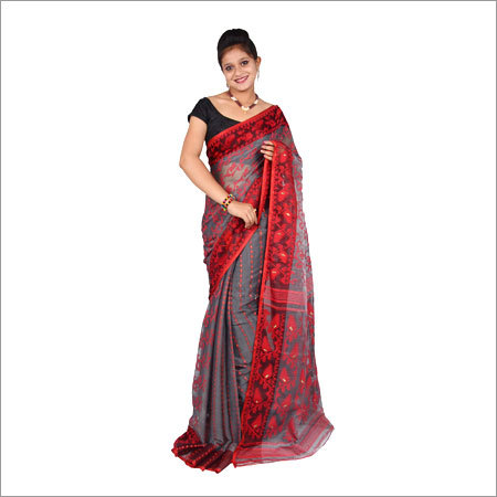 Grey And Red Handloom Net Saree