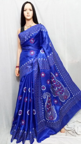 Blue Bhagalpuri Katha Stitch Saree