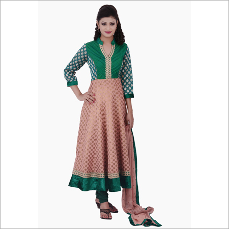 Green peach banarasi long Anarkali