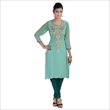 Sea green georgette suit with hand work