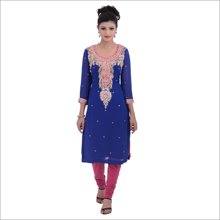 Pure Georgette Royal Blue Gota Work Straight Suit - Georgette, 44 Inches, Royal Blue | Elegant Design, Comfortable Fabric, Three Quarter Sleeve