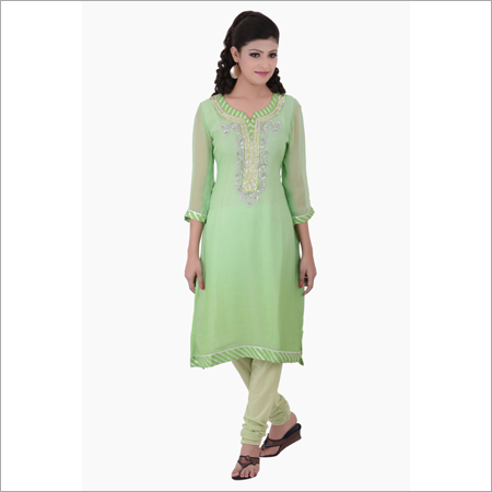Straight grape green georgette suit with hand work