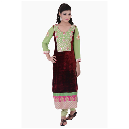 Straight Long Pakistani Style Suit - Velvet & Chiffon, 54 Inch Maroon | Floral Embroidery, V-Neck, Three Quarter Sleeves, Comfortable Fit