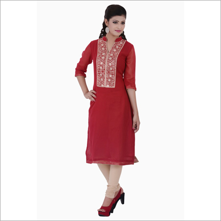 Straight red georgette suit with pittan work