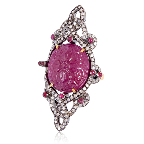 Diamond Pave Ruby Carved Long Ring