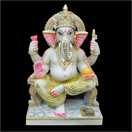 Marble and Stone Lord Ganesha - Marble, 12-18 Inches, White | Hand-Carved, Intricate Polished Finish, Seated Style