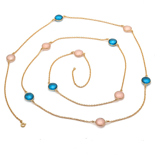 Pink Chalcedony & Blue Topaz Quartz Gemstone Chain Necklace