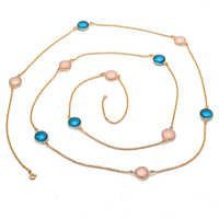 Pink Chalcedony & Blue Topaz Quartz Gemstone Chain Necklace
