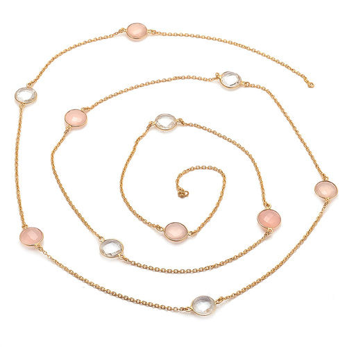 Pink Chalcedony & Crystal Quartz Gemstone Chain Necklace